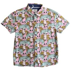 Ditch Plains Ricky Singh Parrot Print Button Up Shirt Boys S Pink Blue Tropical